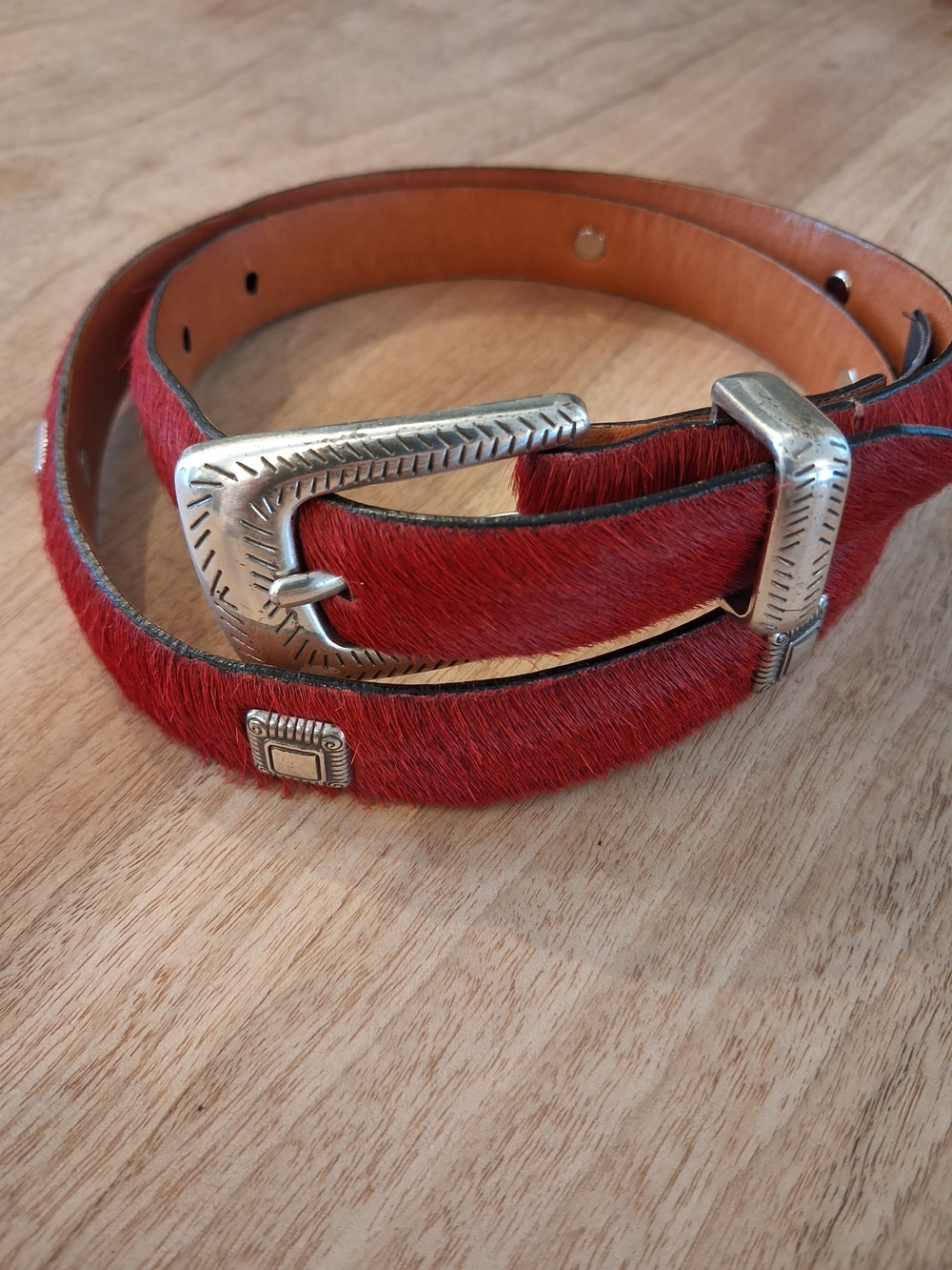 Brighton Red Haircalf Belt with Silver-Tone Buckle